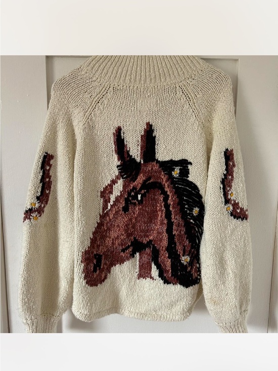 Pilcro Sweaters - Pilcro Cream Sweater with Brown Horse Intarsia and Daisy Accents